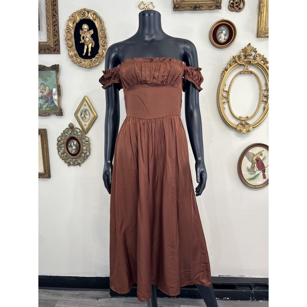 Cider Brown Milkmaid Midi Dress Off Shoulder Lace Up Back XS
